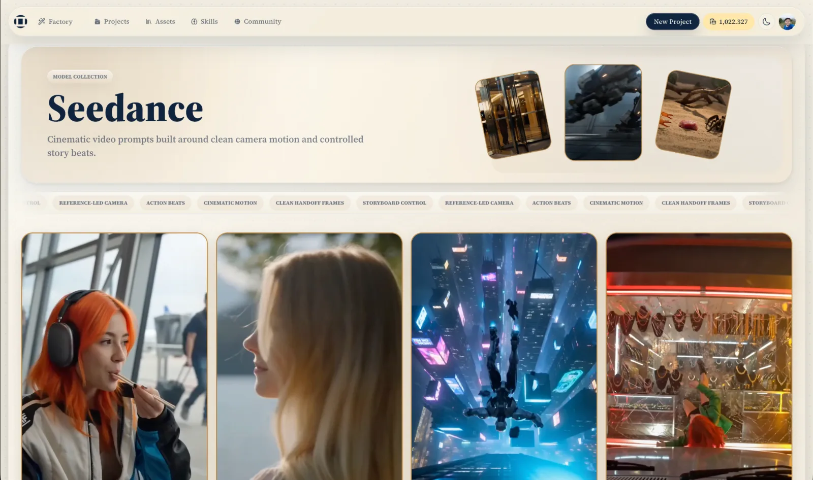 A curated collection of video prompts arranged as a gallery