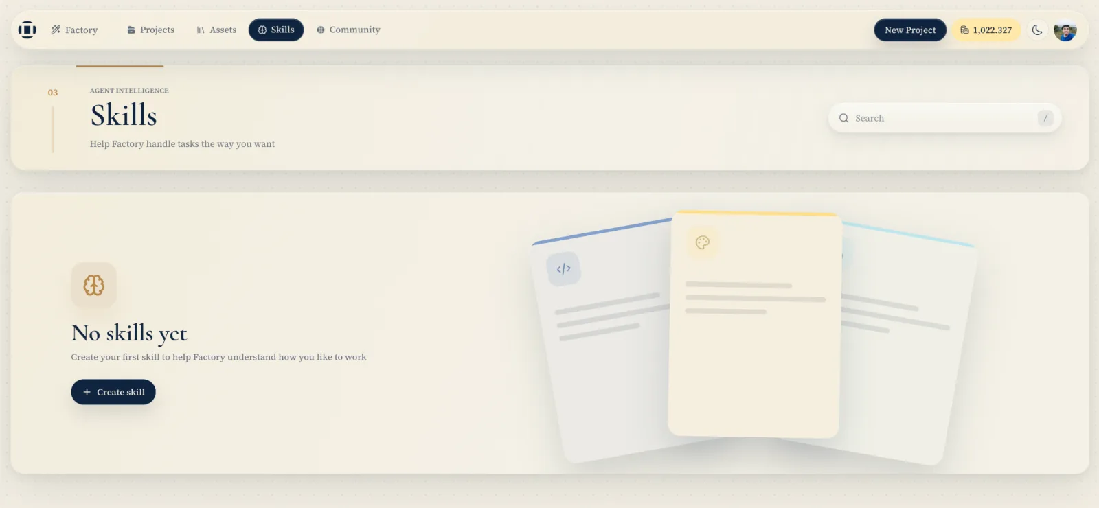 The Skills page in Factory, before any skills are created