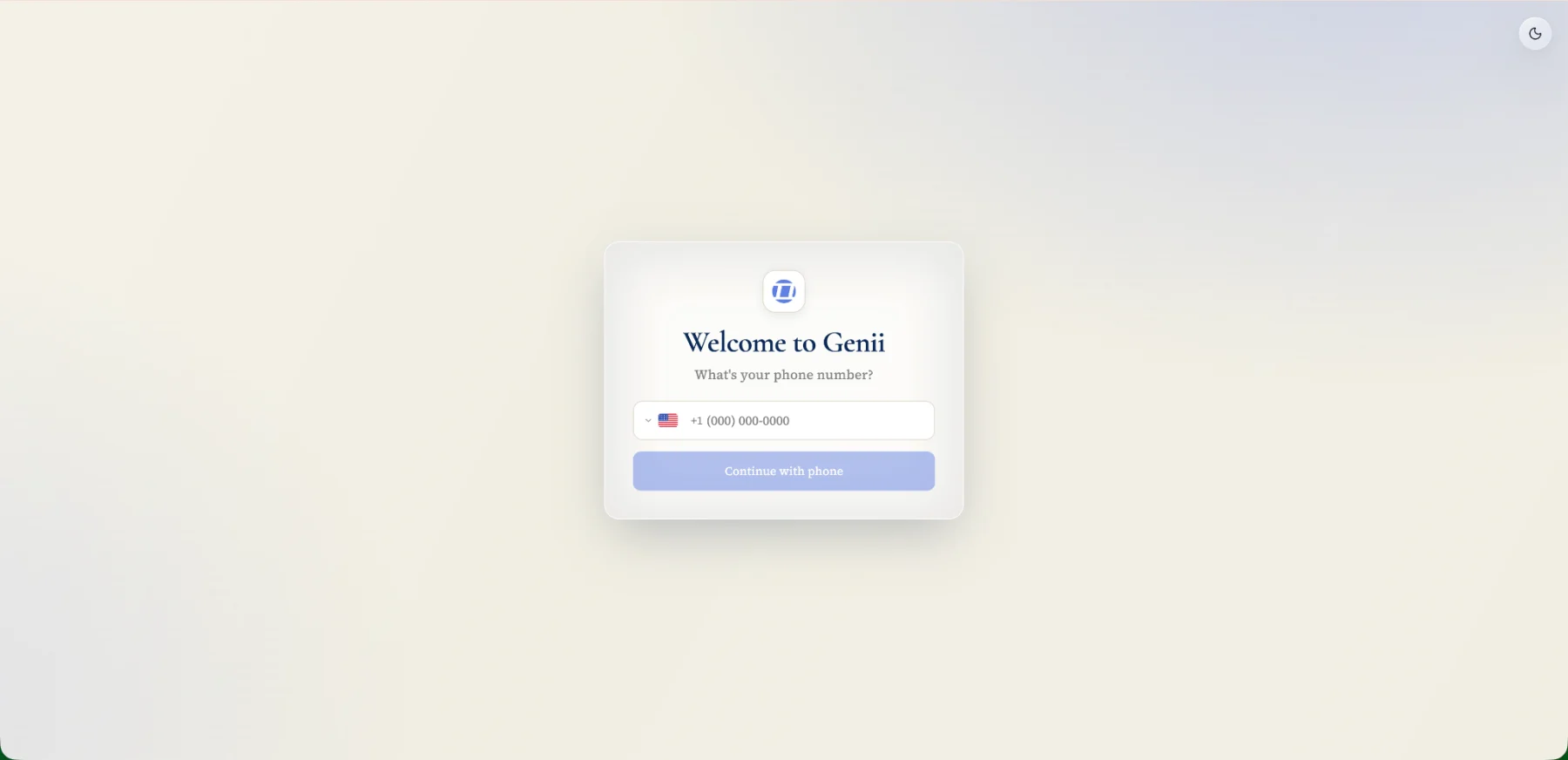 The Welcome to Genii screen asking for your phone number to get started