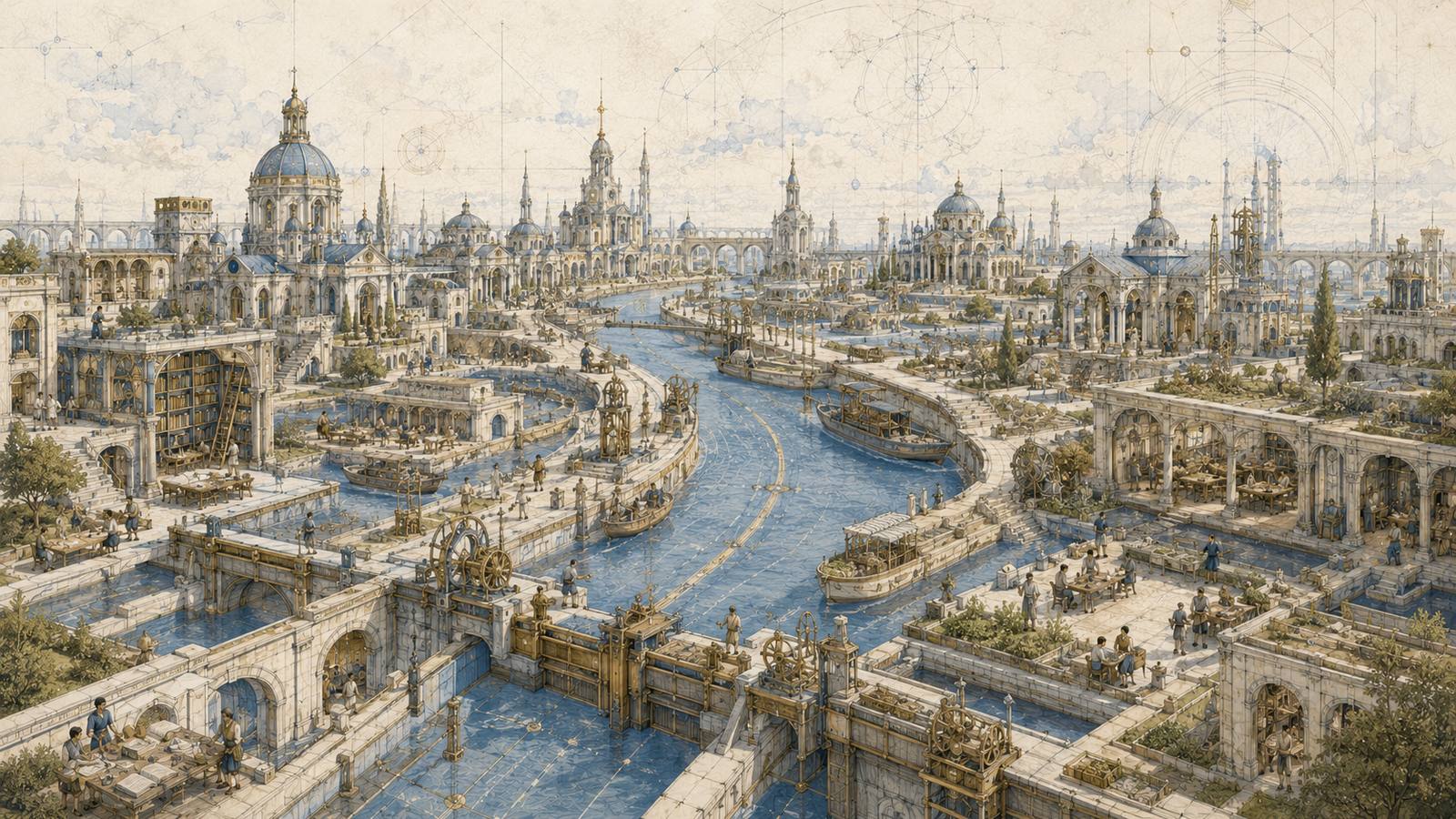 A drafted city of canals, locks and colonnaded workshops, with domed libraries and orreries sketched into the sky above it